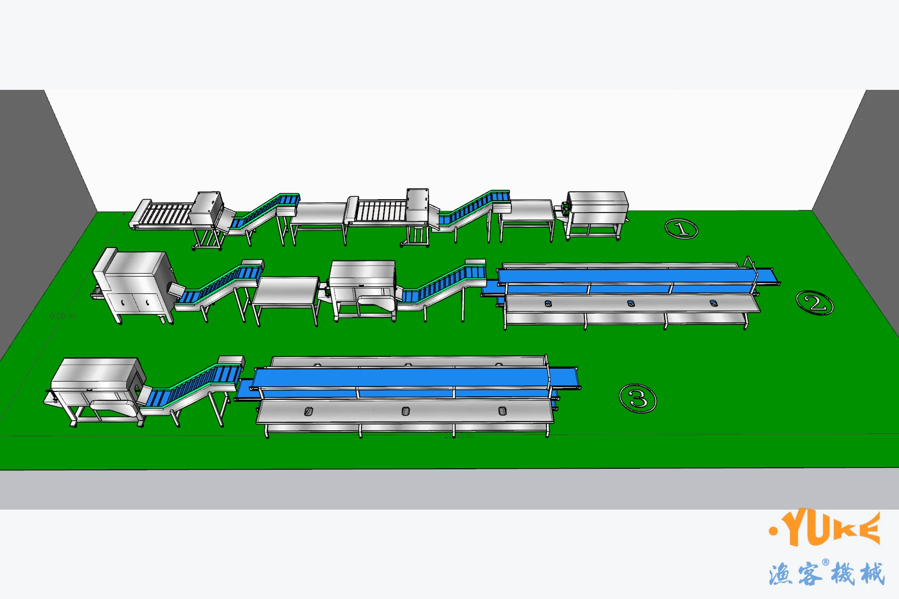 Example layout of a YUKE crab stick processing line
